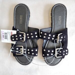 New Barneys New York Suede Studded Espadrilles Sandals Black NWT 6 B